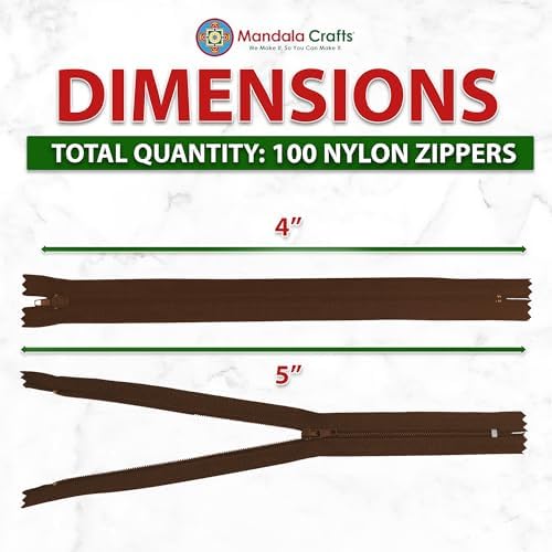 Mandala Crafts 100 PCs Dark Brown Closed-End 4 in Nylon Zippers for Sewing