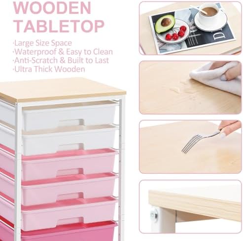 SYKIARIOL Rolling Cart with Drawers,Utility Cart with 8 Drawers,Rose Pink | Craft Organizers and Storage Cart with Wooden Tabletop for Living Room,Classroom, Bedroom,Dorm,Home Office