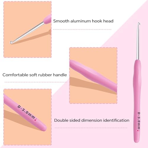 3mm Crochet Hook, Ergonomic Crochet Hook, Smooth and Extra Long  Knitting Needles, with Soft Rubber Ergonomic Handle and Aluminum Tip, Perfect Beginner and Arthritic Crochet Hooks (3 mm)