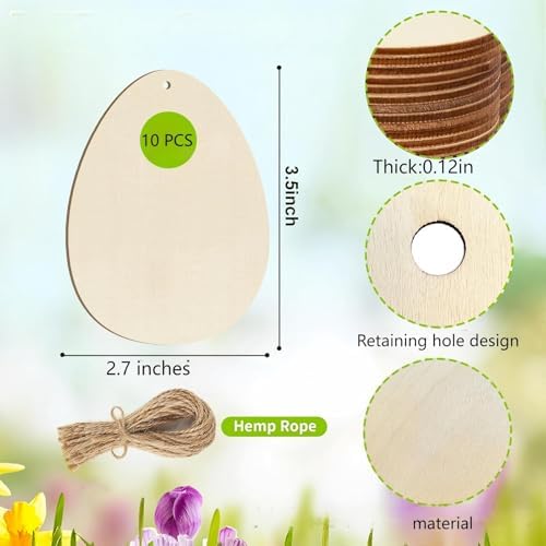 Wooden Egg Ornament, 10pcs Wooden Easter Decorations 3.5x2.7In Used for Painting and Decoration DIY Technology, Hanging skrnrhrery