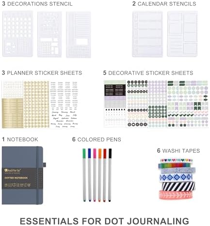 &And Per Se Dotted Journal Kit, A5 Hardcover Dot Grid Journal Notebook Set for Beginners with Journaling Supplies Stencils, Stickers, Washi Tapes & Colored Pens Accessories (Dark Blue)
