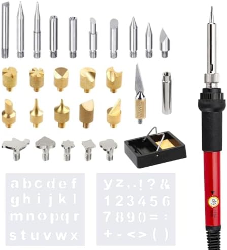 32PCS Wood Burning Kit, Wood Burning Tool – Adjustable Temperature Soldering Iron Tool for DIY, Wood Carving, Embossing, and Craft Projects – Wood Burner Pen Set for Adults and Beginners（Red）