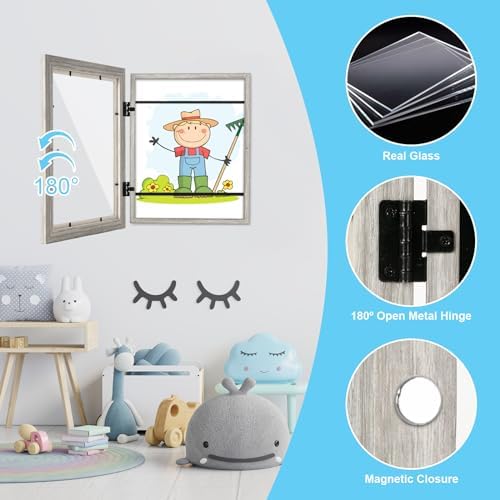 [2-Pack] Kids Art Frames, 8.5x11 Front Opening Kids Artwork Frames Changeable, Grey Wood Grain Artwork Display Storage Frame for Wall, Holds 50 Pcs, for 3D Picture, Crafts, Children Drawing, Hanging