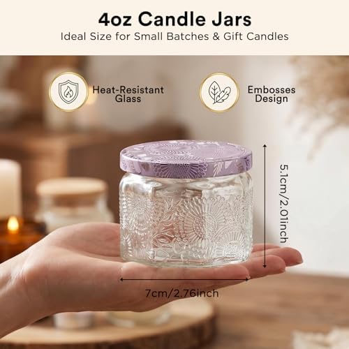 LumaCraft 12 Pack 4oz Glass Candle Jars with Lids, Hexagon Embossed Candle Making Containers, Empty Candle Jars with 20 Wicks & Labels for DIY Candle Making, Party Favors, Home Decor