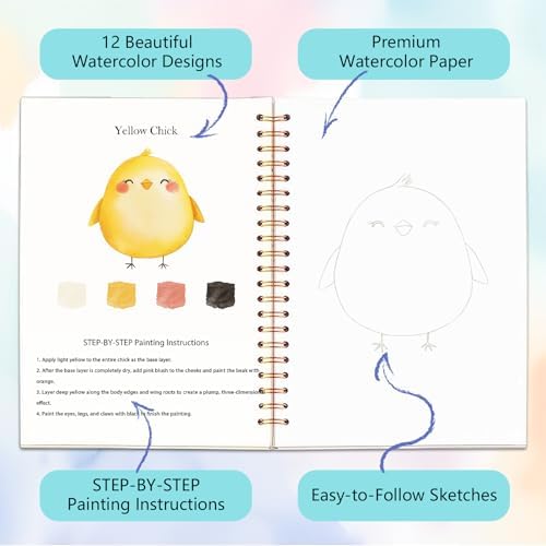 Easy Watercolor Workbook for Beginners - 12 Beautiful Step-by-Step Paintings Water Coloring Book, Includes 18 Water Colors, Relaxing Art Projects and Creative Gift for Adults & Teen (Animals)