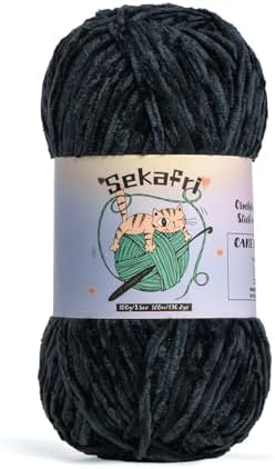 Fuzzy Chenille Yarn for Crocheting, Fluffy Amigurumi Crochet Yarn for DIY Craft/Hat/Shoes, (100g/197yds) Soft Velvet Baby Blanket Yarns（Black）