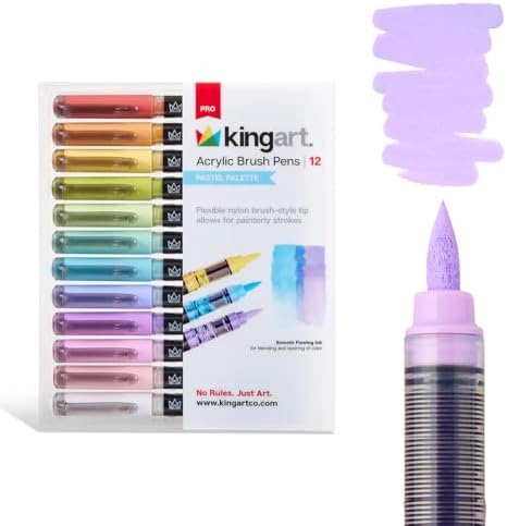 KINGART Acrylic Paint Markers Brush Tip, 12 Pastel Colors. Water-based, no-bleed, waterproof pens with automatic ink control for rock, egg, wood, fabric, glass & DIY crafts