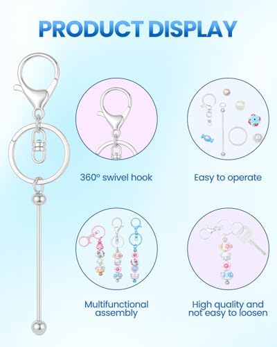 RQAYE 30pcs Beadable Keychains keychain bulk kit cute blank bead keychain strip DIY men's and women's making supplies crafts, jewelry, bag accessories, customized project gifts (Silver)