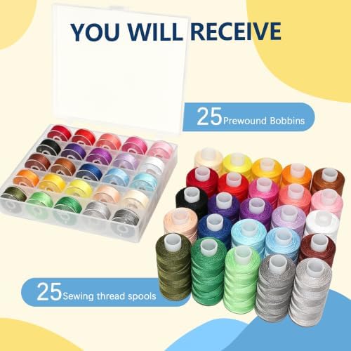 Sewing Machine Hand Thread Kit, 25 Bobbins + 25 Thread Spools