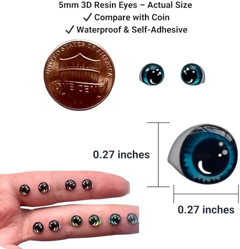 3D Resin Doll Eyes – 7mm Self-Adhesive Craft Eyes (24 pcs / 12 Pairs) – Realistic Cabochon Eyes for Amigurumi, Dolls, Polymer Clay, Cold Porcelain, Felt & DIY Crafts (Assorted Iris Colors)