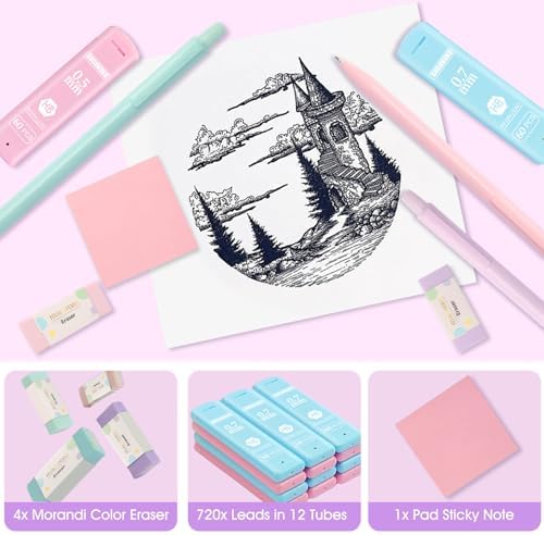 Aesthetic School Supplies with Cute Pencil Case, 12x Pastel Mechanical Pencils 0.5 & 0.7mm with 720x HB Leads, 4x Erasers and 1x Sticky Note, Suitable for Writing, Drafting Drawing Sketching(pink)