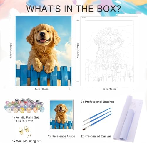 Natuyalo Paint by Numbers for Adults Dog, Paint by Numbers Kit on Canvas for Beginners, Animal Number Painting Set Craft Supplies, 3 Paintbrushes and Acrylic Paint 16x20 inch