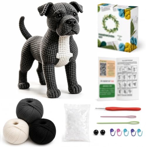 DIY Crochet Pitbull Dog Kit for Beginners – Amigurumi Staffordshire Bull Terrier Stuffed Animal Knitting Kit with Yarn, Hook & Instructions – Easy Beginner Crochet Animal Craft for Adults & Dog Lovers