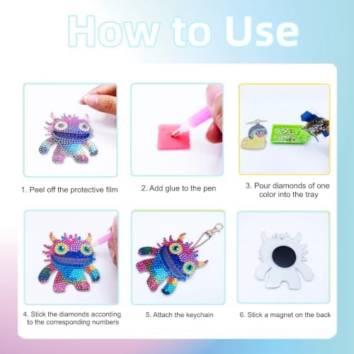 Bulerrylulu 9 Pcs Little Monster Diamond Painting Magnets Kits Fridge Magnet Stickers Diamond Art Painting Keychains Gem Painting kit for Beginners Adults DIY Art Craft Gifts Home Decors