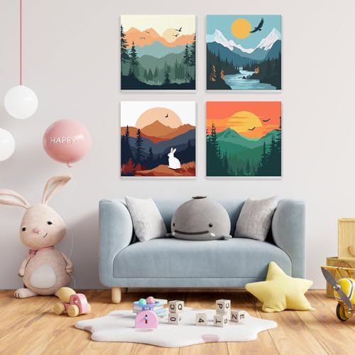 4 Pack Paint by Numbers for Adults with Wooden Framed, Nature Scenery, Sunset, Paint by Number Kits on Canvas for Beginner, DIY Acrylic Oil Painting Kits for Home Decor 8x8 inch, Mountain Landscape