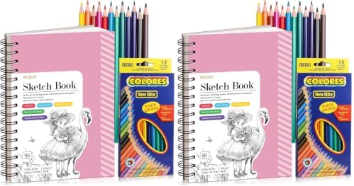 Sketch Book with 12 Color Pencil Set, 90 Sheets Spiral Sketchbook for Drawing (68lb/100gsm), Acid-Free Sketch Pad for Kids Artist, Art Paper Drawing Supplies for Gifts(Pink) (Pack of 2)