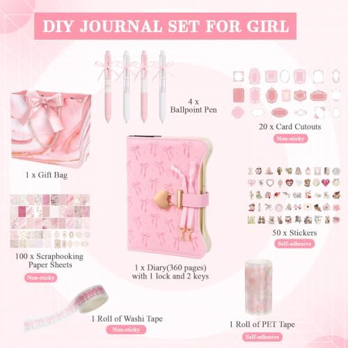 Janlaugh DIY Journal Diary with Lock Pack Scrapbook Kit, Pink, Bow | Stationery Diary Supplies, Scrapbook Supplies Art Crafts Kit for Birthday Holidays Ideal Gifts, Feather Bookmark Stickers