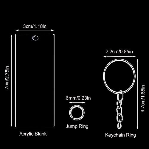 48 Sets of Acrylic Keychain Blanks Including Rectangle Clear Acrylic Ornament Blanks (3 x 7cm), Key Chain Rings and Jump Rings for Vinyl DIY Projects and Crafting