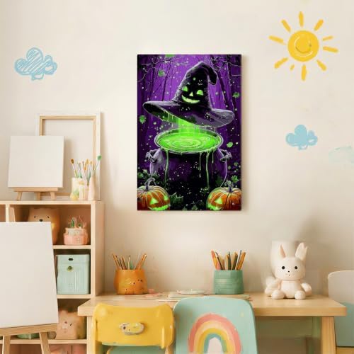 Spandrel Halloween Witch Magic Potion Paint by Numbers Kit for Adults, Witch Hat Dark Purple Forest Gothic DIY Canvas Oil Painting Wall Decor Halloween Holiday Gift, 8x12in