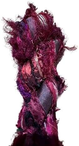 Maker's Craft Recycled Fuzzy Fringes Sari Silk Ribbon Yarn 35yards, 100Grams for DIY Knitting Crocheting Gift Wrapping, Christmas Decoration, Macrame Makers, Jewelry Making, Rugs Hooking (Maroon)