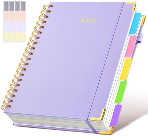 Hardcover Spiral Notebook 8.5"x11" Journal with Removable Dividers Tabs, 300 Pages Leather 5 Subject Notebook College Ruled, Large A4 Notebooks for Work School, Lined Journal for Women, A4 Purple
