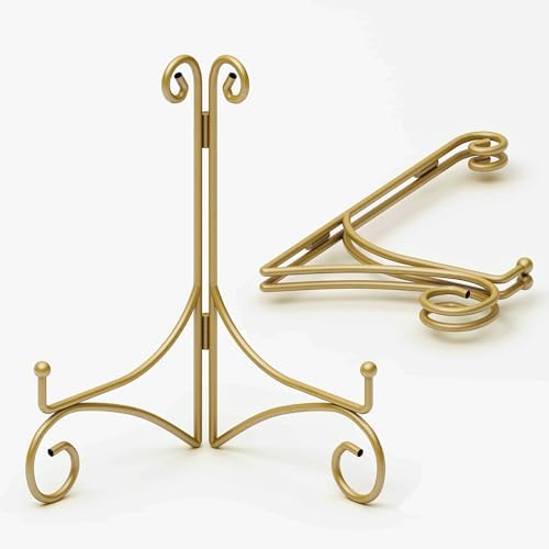 Plate Display Stands with Hinged Folding Design, 8 Inch Picture Frame Stand for Tables, Decorative Easels for Plates, Photos, Cards and Books, 8’’ Gold, 2-Pack
