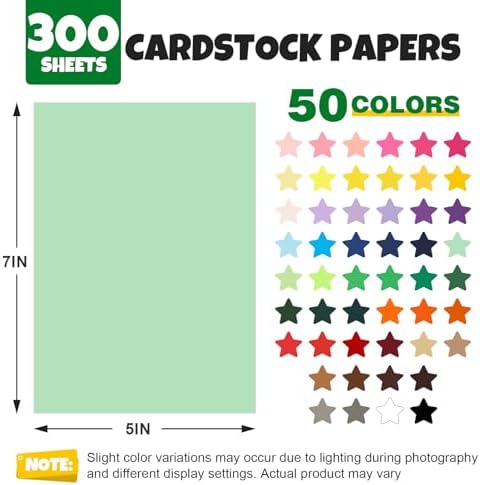 TUXIYA 300 Sheets 5" X 7" Colored Cardstock, 50 Colors Card Stock | 50 Assorted Colors Construction Paper Printer Paper for Printing, Card Making, DIY Crafts, School Supplies,Party 180GSM/65LB