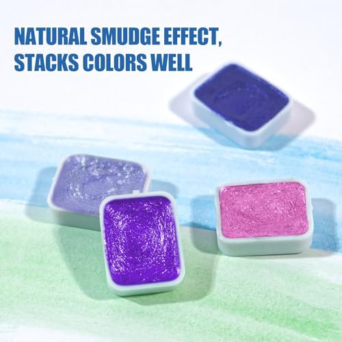 CraftyManor Mini Glitter Watercolor Paint Set with Paper, 24 Colors Shimmer Metallic Watercolour Painting Sets, Solid Pearl Water Color Paints for Adult, Purple 1ml Trial Pack(Mysterious Nebula)