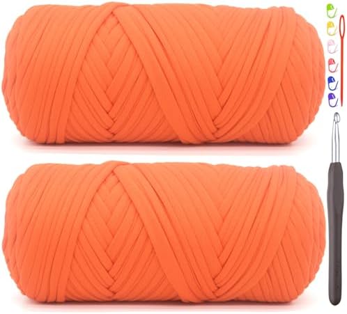 2 Pack Tshirt Yarn for Crocheting,Orange T Shirt Chunky Elastic Fabric Thick T-Shirt Crochet Yarn for Beginners Crocheting Hand Knitting Bag/Basket/Coasters/DIY Crafts/Home Decor 2 * 200G(Orange