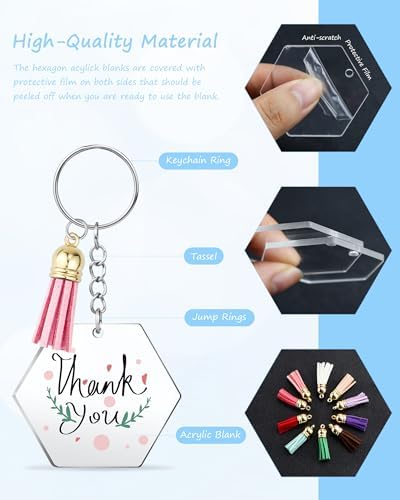 YETOOME Acrylic Hexagon Keychain Blanks, 120 Pcs Clear Hexagon Keychains Kit with Acrylic Blanks, Key Rings, Tassels and Jump Rings for DIY Keychain Vinyl Crafting