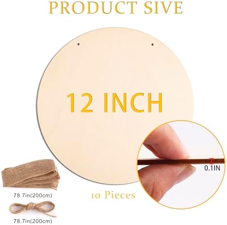 10Pcs 12 Inch Wood Circles for Crafts, Unfinished Wood Blank Wooden Door Hanger Sign, DIY Wood Rounds for Cricut Projects, Wood Burning, Painting, Valentines Day Decor DIY Crafts