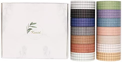 Knaid Grid Washi Tape Set, 14 Rolls of 15 mm Wide Decorative Colored Masking Tapes for Scrapbooking, DIY Decor and Crafts, Bullet Journals, Planners, Junk Journal, Gift Wrapping