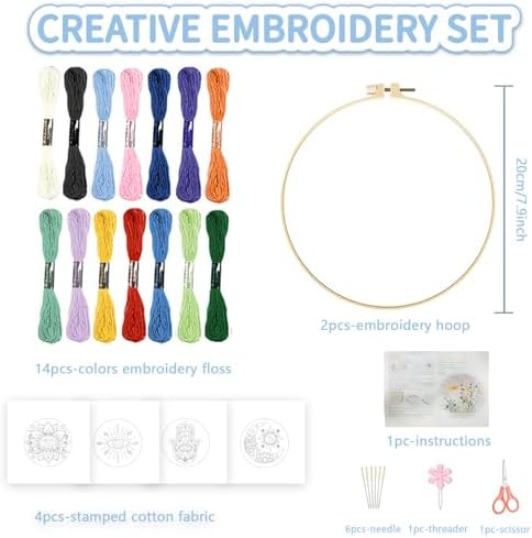 FREEBLOSS 4 Set Embroidery Kit Hamsa Pattern Stamped Embroidery Starter Kit with Step by Step Instructions, Colored Threads, 2 Hoops, Needlepoint Kits for Hand Craft Lovers Gift, 30cm/11.8inch