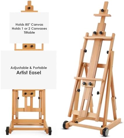 Easel for Painting, H Frame Easel, Painting Stand, Studio, Fits 80” Canvas | Houseables for Large Canvas, Floor Standing, Adjustable, Tilt Flat, Rolling Wheels, Wood, Adults, Painters, Arts & Crafts