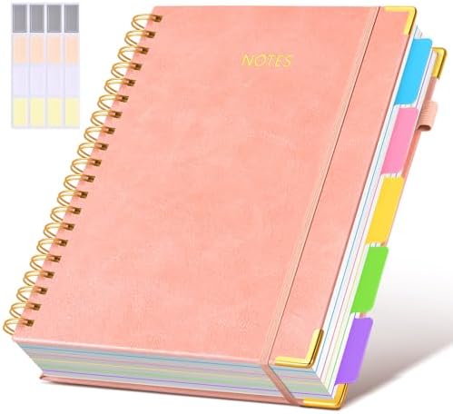 Hardcover Spiral Notebook 8.5"x11" Journal with Removable Dividers Tabs, 300 Pages Leather 5 Subject Notebook College Ruled, Large A4 Notebooks for Work School, Lined Journal for Women, A4 Pink