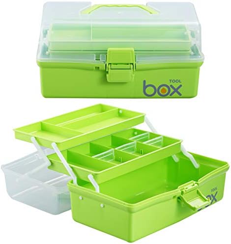 Kinsorcai 12'' Three-Layer Clear Plastic Storage Box/Tool Box, Multipurpose Organizer and Portable Handled Storage Case for Art Craft and Cosmetic (Green)