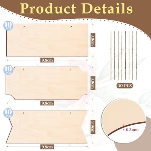30 PCS Unfinished Wood Crafts Blanks Rectangle Hanging Wood Sign Plaque Wooden Slices Banners with Ropes for Pyrography Painting Writing DIY Home Crafts Supplies