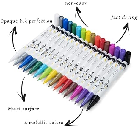 Acrylic Paint Markers Set of 16 Paint Pens – Fine Tip for Fabric, Rock, Metal, Ceramic, Adult Coloring & Art Projects – Art Supplies for Kids & Adults