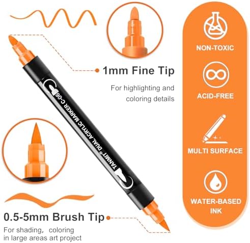 TANMIT 60 Colors Dual Tip Acrylic Paint Markers, Paint Pens Set with Brush Tip and Fine Tip For Fabric, Rock, Wood, Glass, Eggs, Scrapbook, DIY Crafts Making Art Supplies - Teacher Appreciation Gift