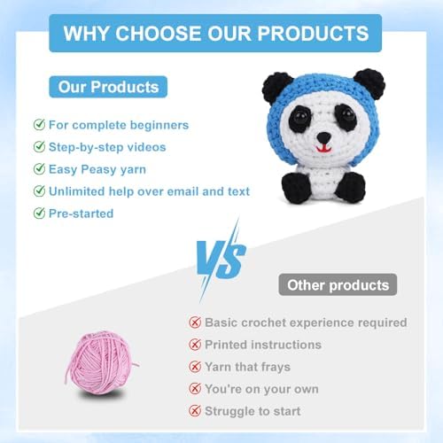 Autglint Panda Crochet Kit for Beginners, Learn to Crochet Starter Kit with Pre-Started Yarn & Easy-to-Follow Video Tutorials, DIY Amigurumi Animal Kit for Adults Kids Gift