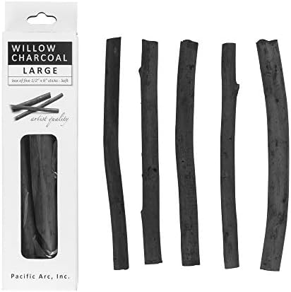 Pacific Arc Large Vine Charcoal Stick 5/Pkg, Soft, Black, Thick Willow Charcoal for Sketching and Drawing