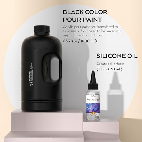 Nicpro Jet Black Color Acrylic Pour Paint, 33.8 Ounce Pre-Mixed Pouring Paint Supplies with Silicone Pour Oil & Gloves for Canvas, Rock, Wood Cell Creation Flow DIY Art Painting, Ready to Pour