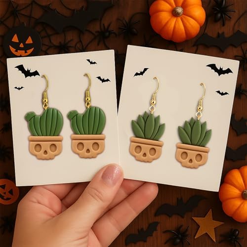 9 Pack Skull Plant Polymer Clay Cutters - Strawberry Honey Jar/Bread Slice/Skull Potted Plant/Balloon Bear/Cat with Scarf, Ideal for Earrings & Earring Cutters