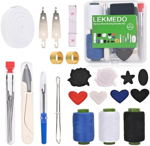47pcs Big Eye Steel Sewing Needles Kit,Needle and Thread Sewing Kit,Portable Steel Needles for Hand Sewing with Repair Patch,Seam Ripper,Storage Box Supplies for Repairing Quilting Embroidery Crafts