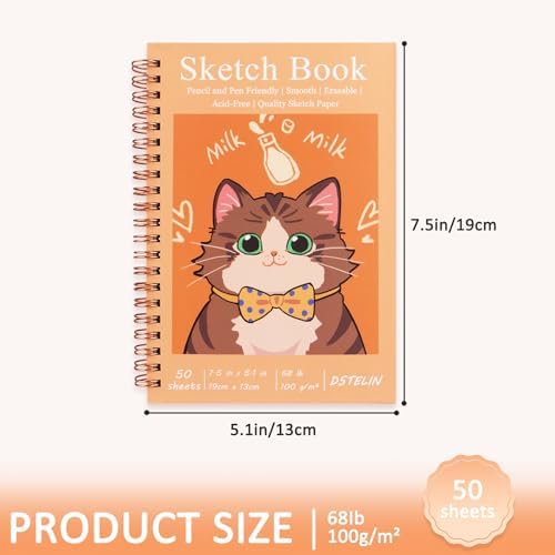 DSTELIN 2 Pack Spiral Bound Sketchbooks (100 GSM Sketch Paper), 50 Sheets per Pack, 7.5" x 5.1" Sketchbook with Yellow Hard Cover for Painting, Drawing and Sketching