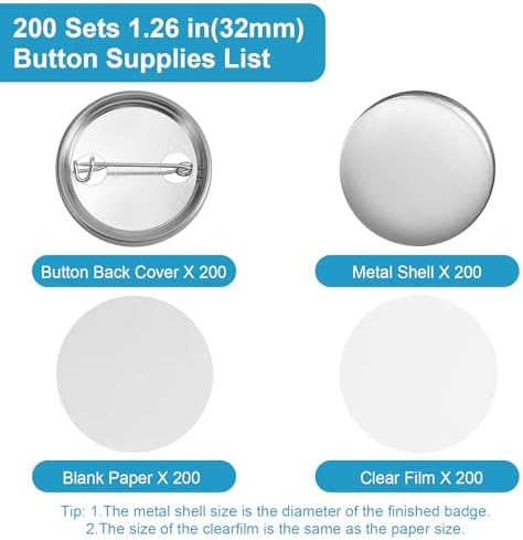 KUNTAERY 200Set 1.26 Inch Button Maker Supplies, 32mm Button Supplies Parts, Approx. 1.25 Inch Metal Blank Badge Parts with Blank Paper for Maker Machine Pin Maker Press