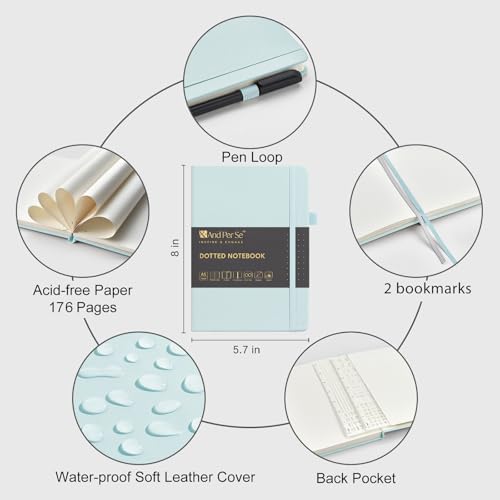&And Per Se Dotted Notebook with Pen, 176 Numbered Dotted Pages, A5 Hardcover, Journal Stencils & Fineliner Pen for Beginners Women Men (Cyan)