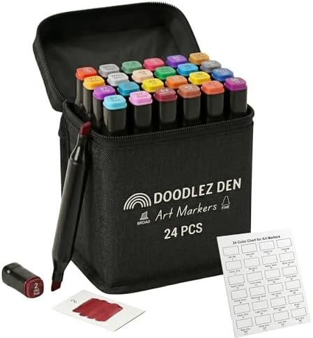 Alcohol Markers Set 24 Colors, Dual Tip Art Markers, Alcohol Based Markers for Adult Coloring Books, Artist Supplies, Chisel & Fine Tip with Black holder, Color Checking Card
