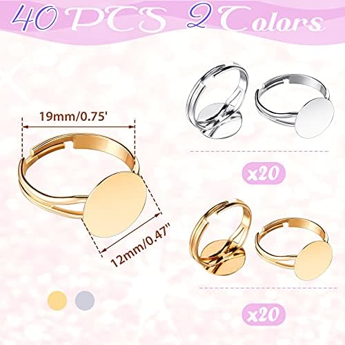 Herdear 40pcs Adjustable Blank Rings 12mm Base, Silver, Gold