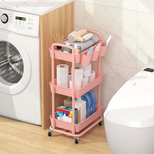 JIUYOTREE 3-Tier Plastic Rolling Storage Cart Utility Cart Pink